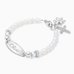 tB® Signature Crystal™ White Opal Christening/Baptism Baby/Children’s Engraved Bracelet for Girls - Sterling Silver