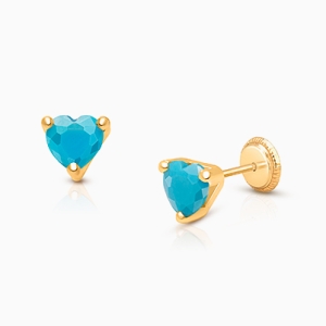 Turquoise CZ Heart, Baby/Children&#039;s Earrings, Screw Back - 14K Gold