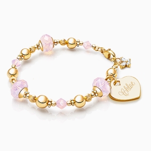 Gia™ Sweet Rose, Pink Opal Baby/Children&#039;s Beaded Bracelet for Girls (INCLUDES Engraved Charm) - 14K Gold