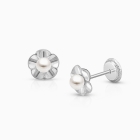 Ruffled Petals with Pearl, First Holy Communion Children&#039;s Earrings, Screw Back - 14K White Gold