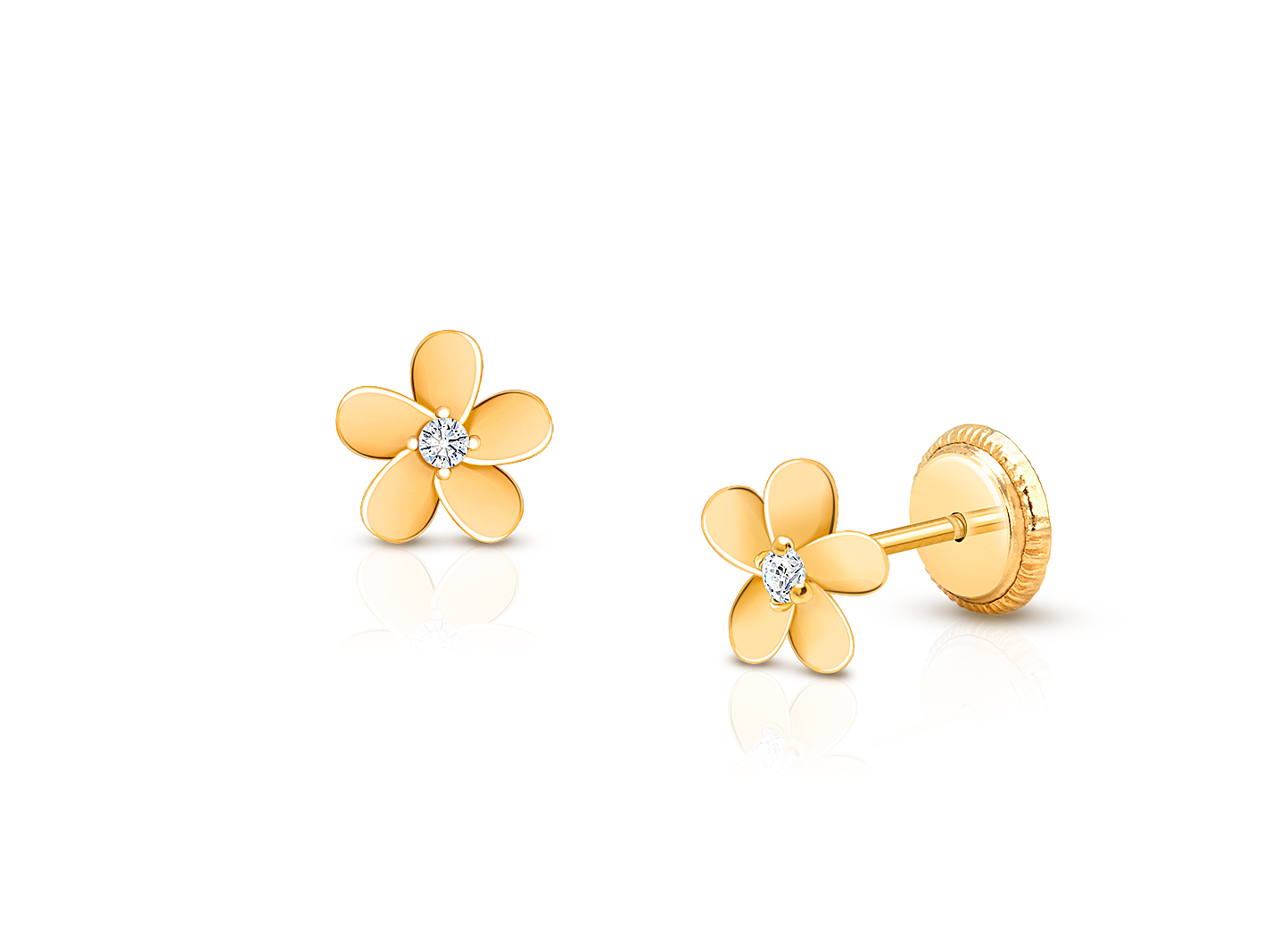 14k Yellow Gold Baby Enamel and CZ Flower earrings, Screw cheapest Back