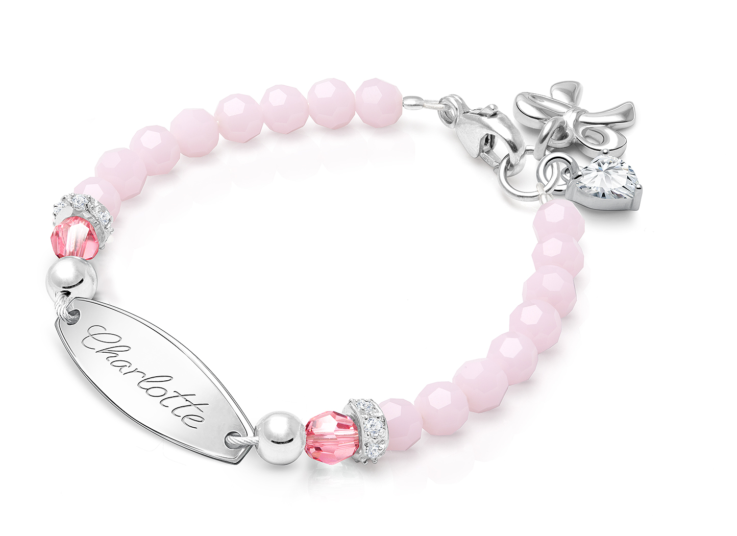 tB Signature Crystal Sweet Pink Baby Children s Engraved Bracelet for Girls Sterling Silver